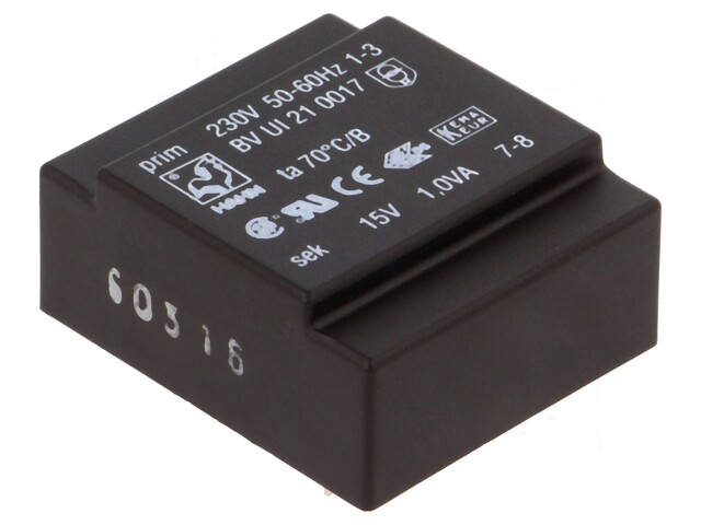 Transformator: ingegoten; 1VA; 230VAC; 15V; 67mA; PCB; BVUI Transformator: ingegoten; 1VA; 230VAC; 15V; 67mA; PCB; BVUI